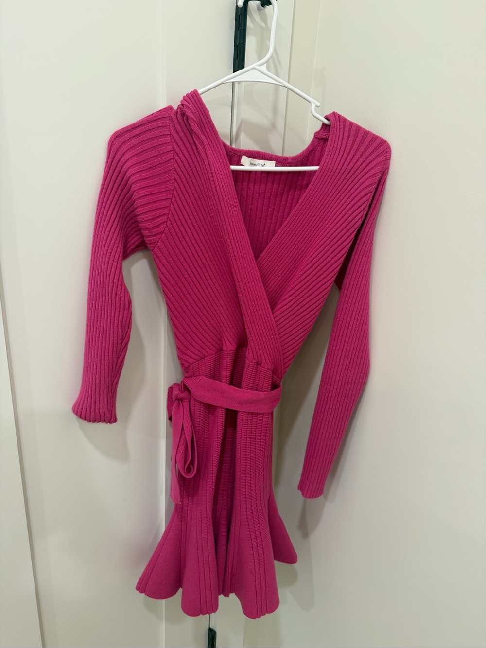 Women's Pink Ribbed Wrap Dress with Tie Waist